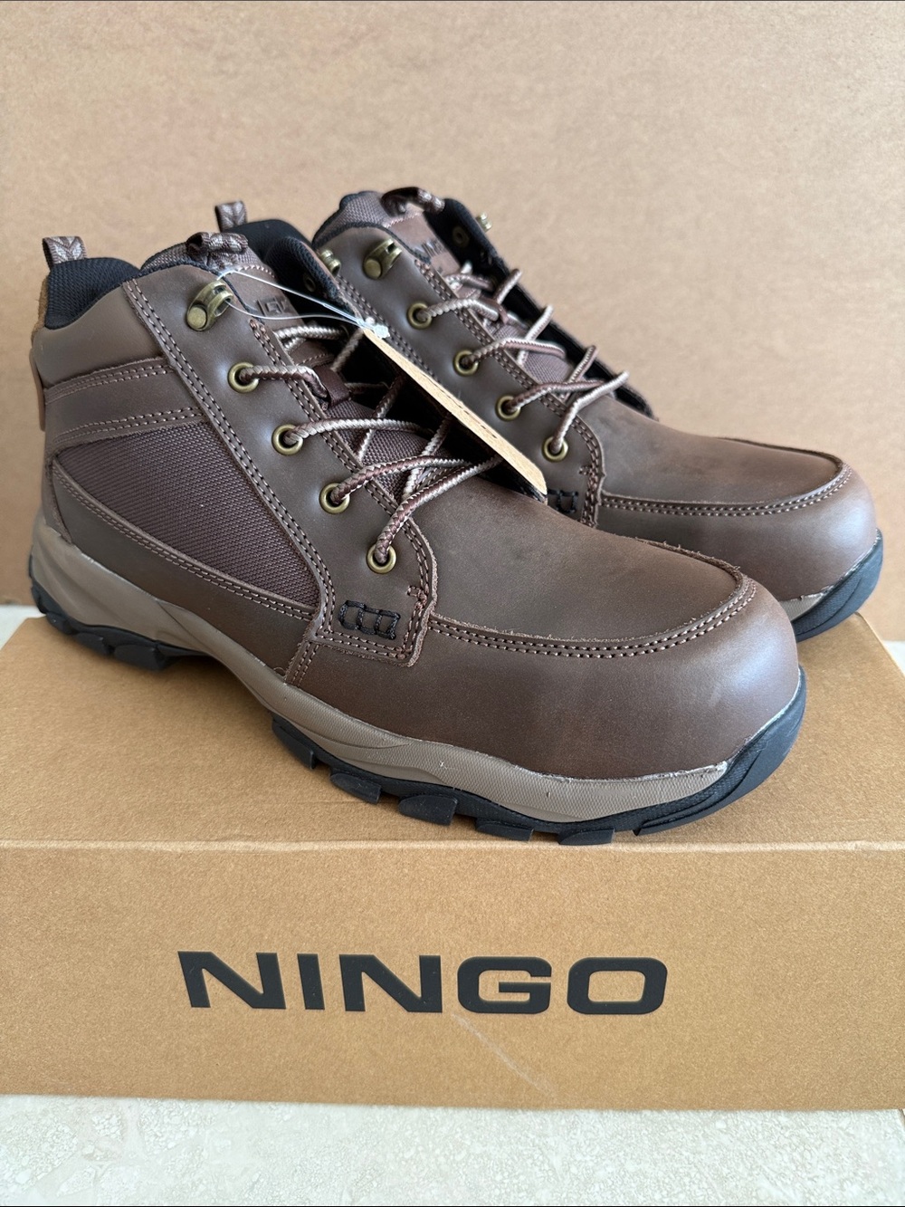 NINGO Composite Toe Men’s Brown Water & Slip Resistant Leather Work Boots Sz 11